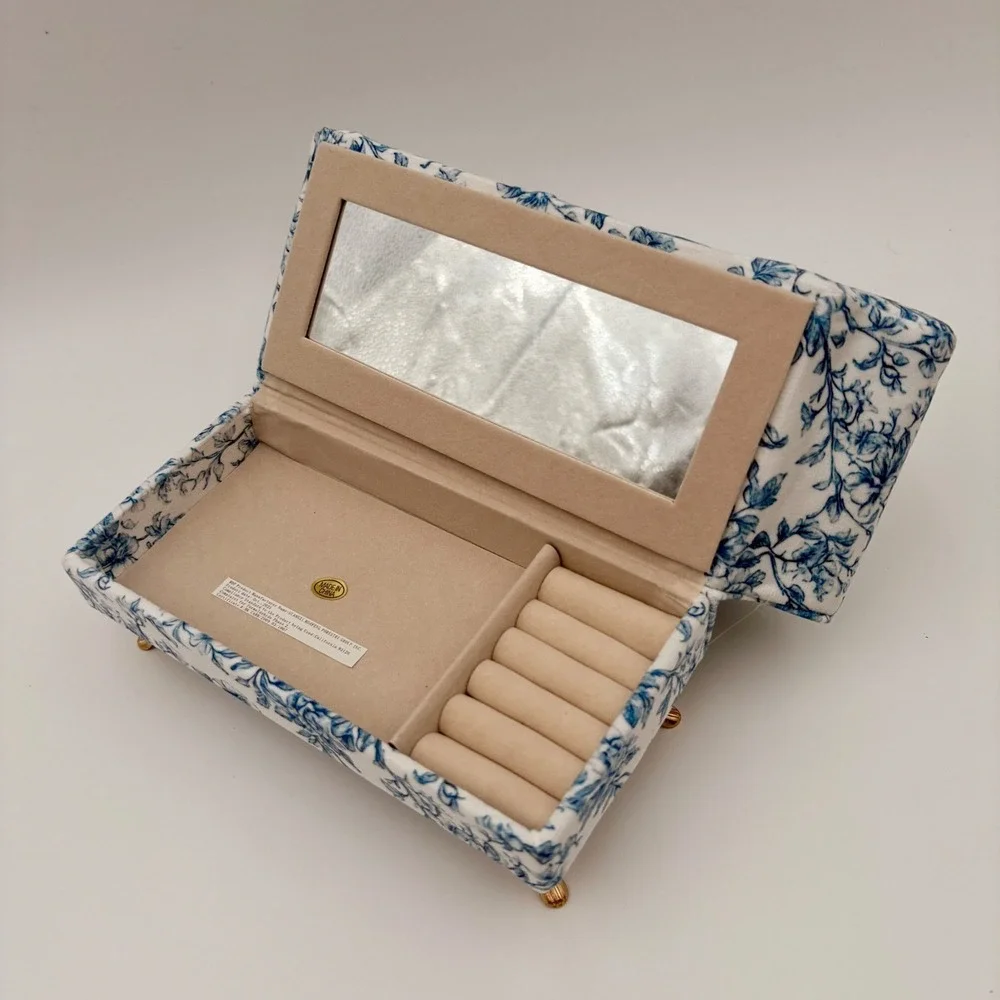 Blue White Floral Toile Sofa Jewelry Box‎ Heart Back Miniature Couch Mothers Day